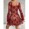 imageSHENHE Womens Floral Mesh Sweetheart Neck Long Flare Sleeve A Line Flare Sexy Mini DressRed