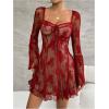 imageSHENHE Womens Floral Mesh Sweetheart Neck Long Flare Sleeve A Line Flare Sexy Mini DressRed