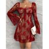 imageSHENHE Womens Floral Mesh Sweetheart Neck Long Flare Sleeve A Line Flare Sexy Mini DressRed