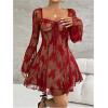 imageSHENHE Womens Floral Mesh Sweetheart Neck Long Flare Sleeve A Line Flare Sexy Mini DressRed