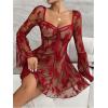 imageSHENHE Womens Floral Mesh Sweetheart Neck Long Flare Sleeve A Line Flare Sexy Mini DressRed