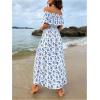 imageSHENHE Womens Floral Off Shoulder Ruffle Trim Thigh Slit A Line Flowy Boho Midi DressBlue and White