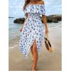 imageSHENHE Womens Floral Off Shoulder Ruffle Trim Thigh Slit A Line Flowy Boho Midi DressBlue and White