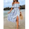 imageSHENHE Womens Floral Off Shoulder Ruffle Trim Thigh Slit A Line Flowy Boho Midi DressBlue and White