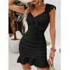 imageSHENHE Womens Floral Sweetheart Neck Tie Front Ruffle Trim Ruched Sleeveless Mini DressBlack Solid