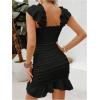 imageSHENHE Womens Floral Sweetheart Neck Tie Front Ruffle Trim Ruched Sleeveless Mini DressBlack Solid