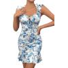imageSHENHE Womens Floral Sweetheart Neck Tie Front Ruffle Trim Ruched Sleeveless Mini DressBlue White