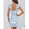 imageSHENHE Womens Floral Sweetheart Neck Tie Front Ruffle Trim Ruched Sleeveless Mini DressBlue and White