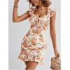 imageSHENHE Womens Floral Sweetheart Neck Tie Front Ruffle Trim Ruched Sleeveless Mini DressOrange
