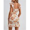 imageSHENHE Womens Floral Sweetheart Neck Tie Front Ruffle Trim Ruched Sleeveless Mini DressOrange