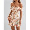 imageSHENHE Womens Floral Sweetheart Neck Tie Front Ruffle Trim Ruched Sleeveless Mini DressOrange