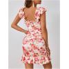 imageSHENHE Womens Floral Sweetheart Neck Tie Front Ruffle Trim Ruched Sleeveless Mini DressRed Pink and White