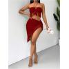 imageSHENHE Womens Fringe 2 Piece Vacation Outfits Halter Crop Top and Twisted Slit Skirt SetRed