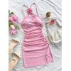 imageSHENHE Womens Halter Neck 3D Flower Rosette Dress Keyhole Ruched Bodycon Slit Mini DressPink
