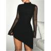 imageSHENHE Womens Mock Neck Ruched Drawstring Slit Long Sleeve Mesh Sexy Bodycon Mini DressBlack Solid