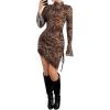 imageSHENHE Womens Mock Neck Ruched Drawstring Slit Long Sleeve Mesh Sexy Bodycon Mini DressBrown Leopard Print
