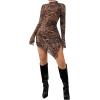 imageSHENHE Womens Mock Neck Ruched Drawstring Slit Long Sleeve Mesh Sexy Bodycon Mini DressBrown Leopard Print