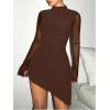 imageSHENHE Womens Mock Neck Ruched Drawstring Slit Long Sleeve Mesh Sexy Bodycon Mini DressBrown Solid