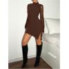 imageSHENHE Womens Mock Neck Ruched Drawstring Slit Long Sleeve Mesh Sexy Bodycon Mini DressBrown Solid