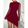 imageSHENHE Womens Mock Neck Ruched Drawstring Slit Long Sleeve Mesh Sexy Bodycon Mini DressBurgundy Solid