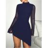 imageSHENHE Womens Mock Neck Ruched Drawstring Slit Long Sleeve Mesh Sexy Bodycon Mini DressDark Blue Solid