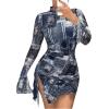 imageSHENHE Womens Mock Neck Ruched Drawstring Slit Long Sleeve Mesh Sexy Bodycon Mini DressNavy Blue