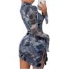 imageSHENHE Womens Mock Neck Ruched Drawstring Slit Long Sleeve Mesh Sexy Bodycon Mini DressNavy Blue