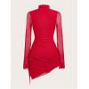 imageSHENHE Womens Mock Neck Ruched Drawstring Slit Long Sleeve Mesh Sexy Bodycon Mini DressRed