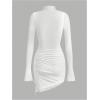 imageSHENHE Womens Mock Neck Ruched Drawstring Slit Long Sleeve Mesh Sexy Bodycon Mini DressWhite Solid