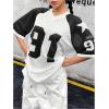 imageSHENHE Womens Oversized Football Jersey Top Y2K 90s Number Print Crewneck Short Sleeve Loose Mesh ShirtBlack