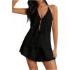 imageSHENHE Womens Sexy 2 Piece Outfits Linen Set Backless Halter Neck Tie Front Vest and Shorts Y2k SetBlack