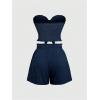 imageSHENHE Womens Summer 2 Piece Outfits Smocked Knot Crop Tube Top and Wide Leg Paperbag Shorts SetDeep Blue