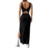 imageSHENHE Womens Thigh Slit Maxi Dress Square Neck Cut Out Twist Backless Bodycon Knit Tank DressBlack