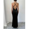 imageSHENHE Womens Velvet Maxi Dress Criss Cross Open Back Bodycon Sexy Spaghetti Strap Slip Long Dress PartyBlack