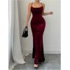 imageSHENHE Womens Velvet Maxi Dress Criss Cross Open Back Bodycon Sexy Spaghetti Strap Slip Long Dress PartyBurgundy