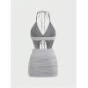 imageSHENHE Womens Y2k 2 Piece Sexy Outfits Backless Halter Crop Top and Ruched Bodycon Mini Skirt SetGrey