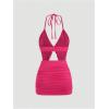 imageSHENHE Womens Y2k 2 Piece Sexy Outfits Backless Halter Crop Top and Ruched Bodycon Mini Skirt SetHot Pink