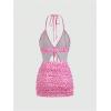imageSHENHE Womens Y2k 2 Piece Sexy Outfits Backless Halter Crop Top and Ruched Bodycon Mini Skirt SetLeopard Print Pink