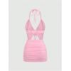imageSHENHE Womens Y2k 2 Piece Sexy Outfits Backless Halter Crop Top and Ruched Bodycon Mini Skirt SetPink