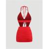 imageSHENHE Womens Y2k 2 Piece Sexy Outfits Backless Halter Crop Top and Ruched Bodycon Mini Skirt SetRed