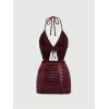 imageSHENHE Womens Y2k 2 Piece Sexy Outfits Backless Halter Crop Top and Ruched Bodycon Mini Skirt SetSequin Burgundy