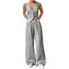 imageSHENHE Womens 2 Piece Outfits Striped Button Up Crop Vest and Wide Leg Loose Pants SetGrey