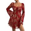 imageSHENHE Womens Floral Mesh Sweetheart Neck Long Flare Sleeve A Line Flare Sexy Mini DressRed