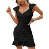 imageSHENHE Womens Floral Sweetheart Neck Tie Front Ruffle Trim Ruched Sleeveless Mini DressBlack Solid
