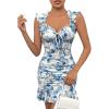 imageSHENHE Womens Floral Sweetheart Neck Tie Front Ruffle Trim Ruched Sleeveless Mini DressBlue White
