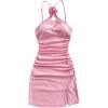 imageSHENHE Womens Halter Neck 3D Flower Rosette Dress Keyhole Ruched Bodycon Slit Mini DressPink