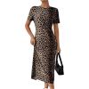 imageSHENHE Womens Leopard Print Short Sleeve Tshirt Dress Back Slit Casual Midi DressBrown