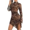 imageSHENHE Womens Mock Neck Ruched Drawstring Slit Long Sleeve Mesh Sexy Bodycon Mini DressBrown Leopard Print