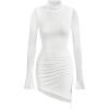 imageSHENHE Womens Mock Neck Ruched Drawstring Slit Long Sleeve Mesh Sexy Bodycon Mini DressWhite Solid