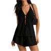 imageSHENHE Womens Sexy 2 Piece Outfits Linen Set Backless Halter Neck Tie Front Vest and Shorts Y2k SetBlack